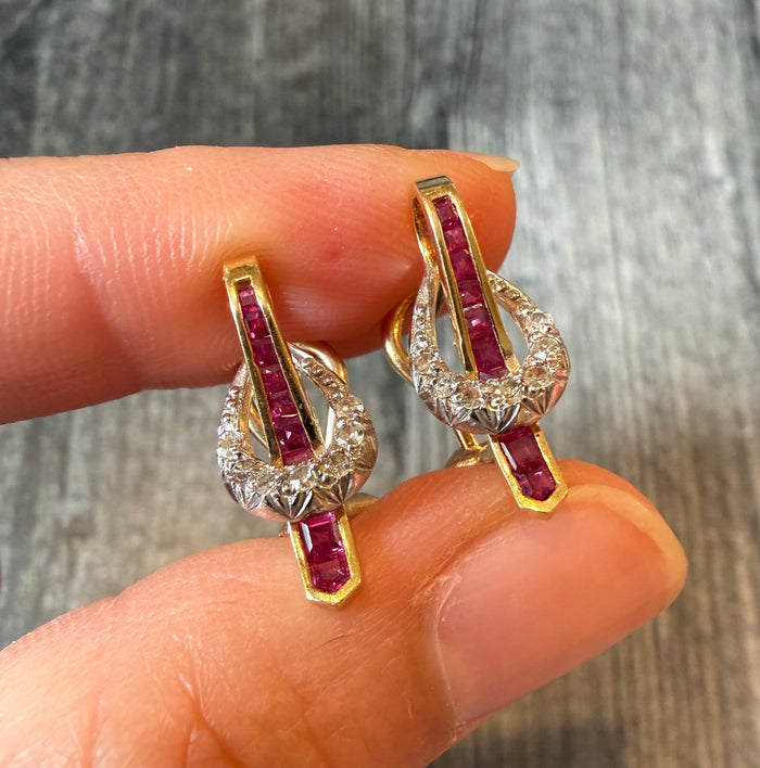 Ruby and Diamond Buckle Style Earrings (A)