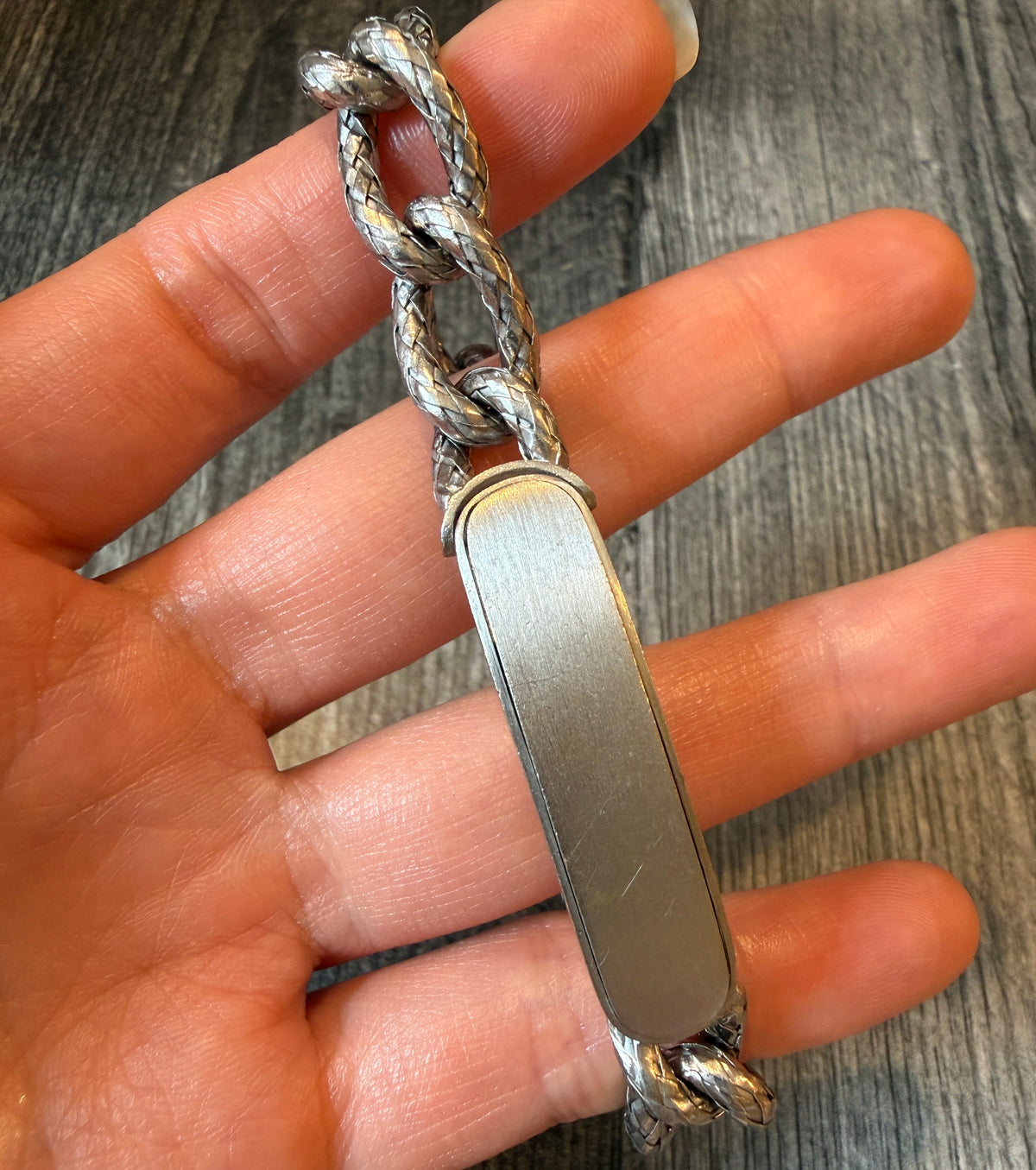 Bottega Veneta 18K White Gold ID Bracelet with Woven Curb Links, 7” Long (I)