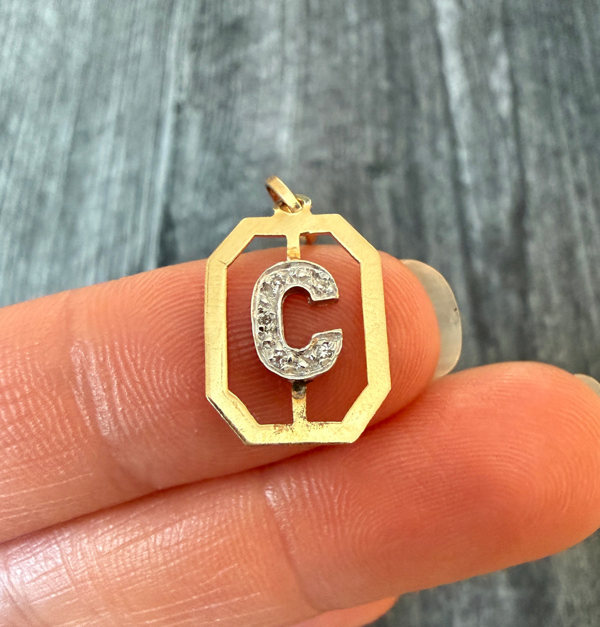 Diamond Initial "C" and Geometric Border Charm in 14K Gold