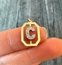 Diamond Initial "C" and Geometric Border Charm in 14K Gold