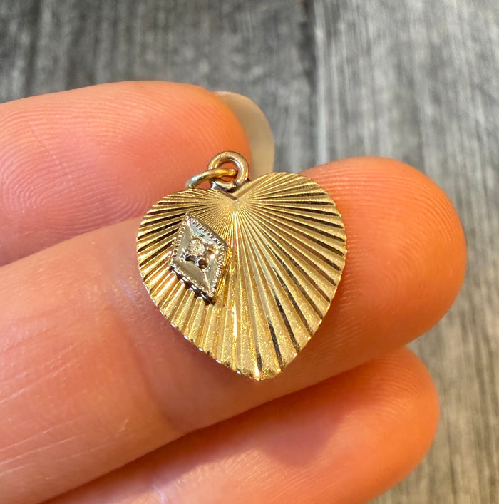 Mini Engine Turned Heart Charm with Diamond Accent 1/2