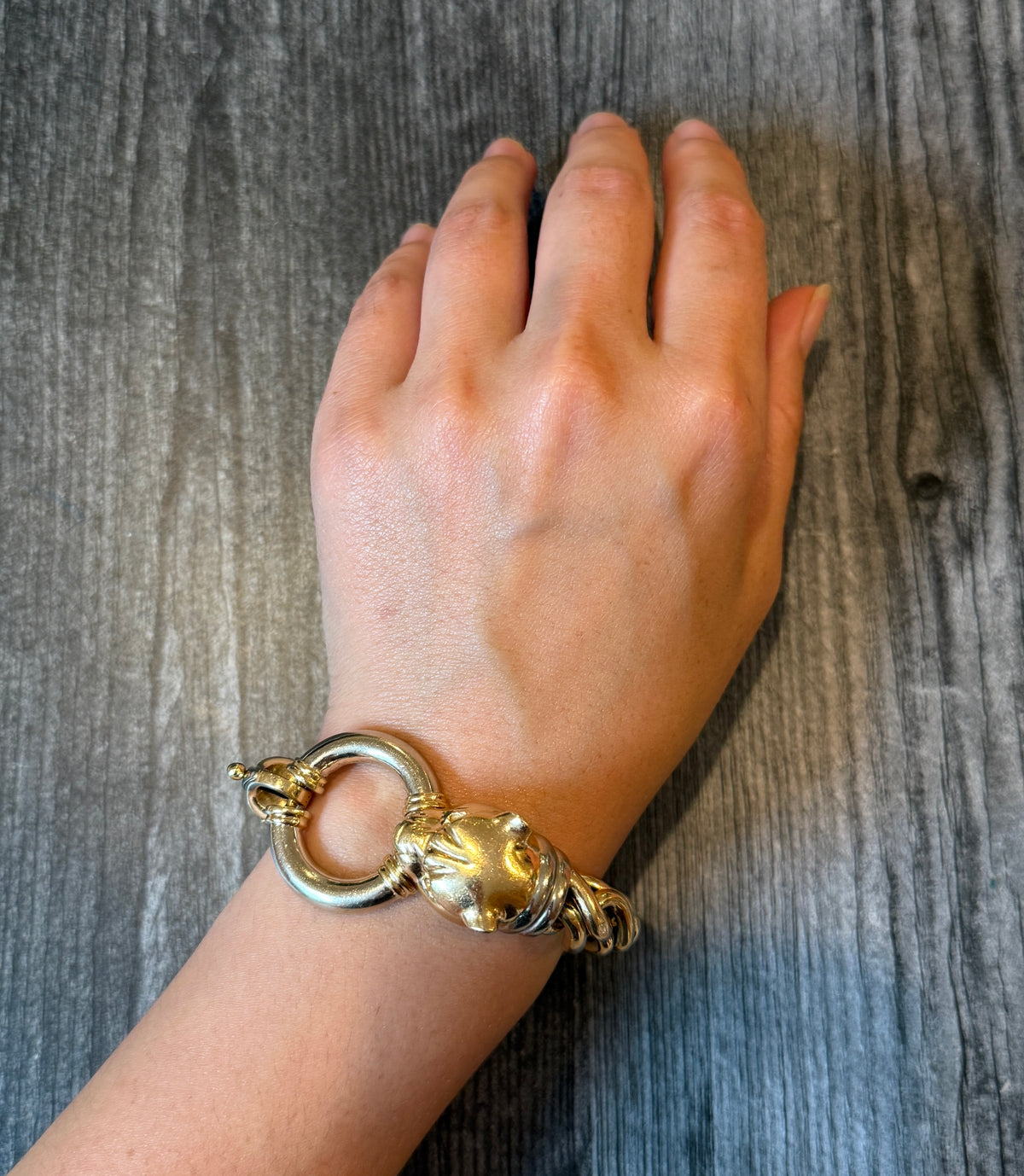 Large Panther Head Clasp and Graduated Twist Link Bracelet in 14K Gold