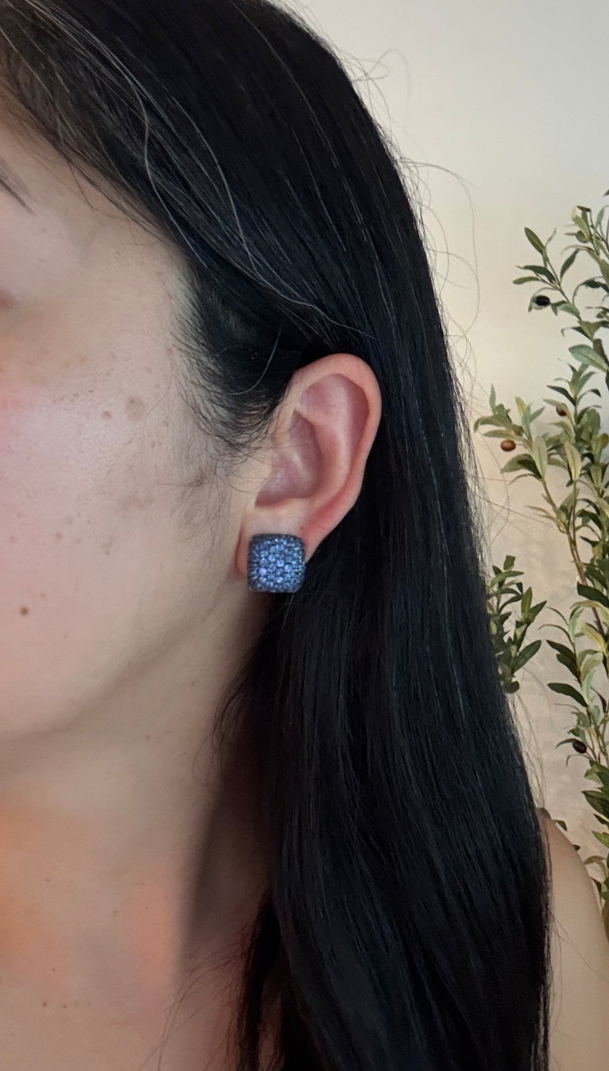 Squared Pave Sapphire Clip Earrings in 18K White Gold (I)