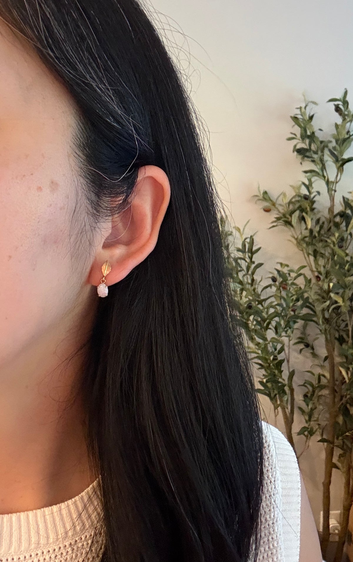Dangling Opal and Leaf Motif 14K Gold Earrings