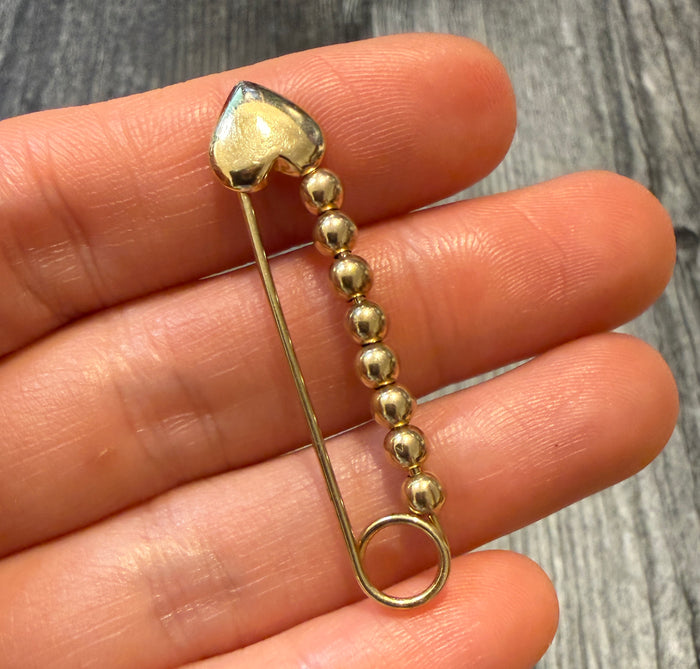 Heart and 14K Gold Bead Safety Pin