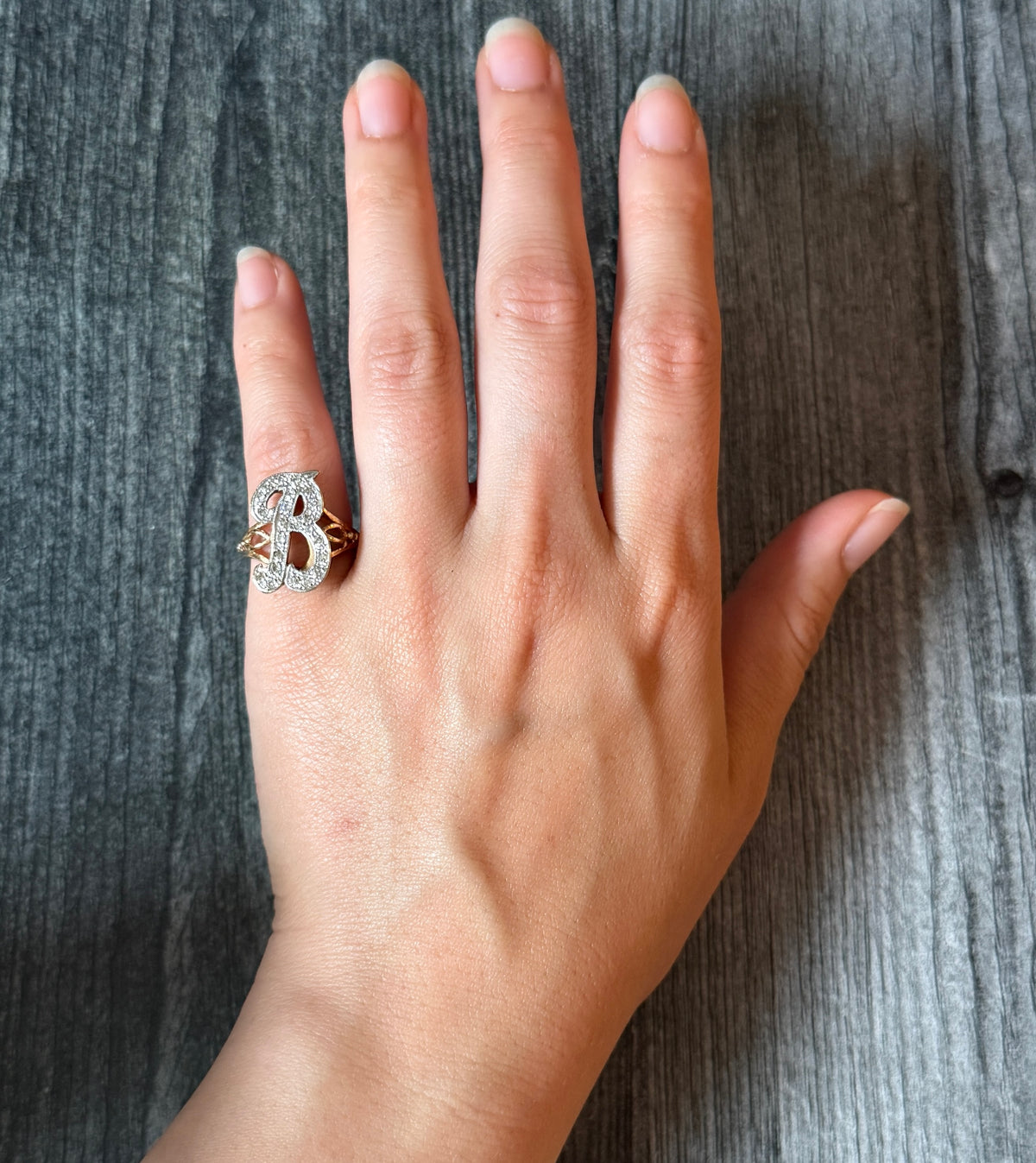 Large Diamond and 14K Gold Initial B Ring