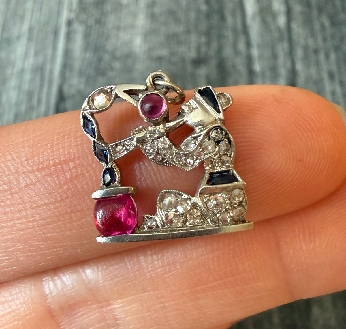 Art Deco Snake Charmer Charm in Platinum with Rubies, Sapphires, and Diamonds (H)