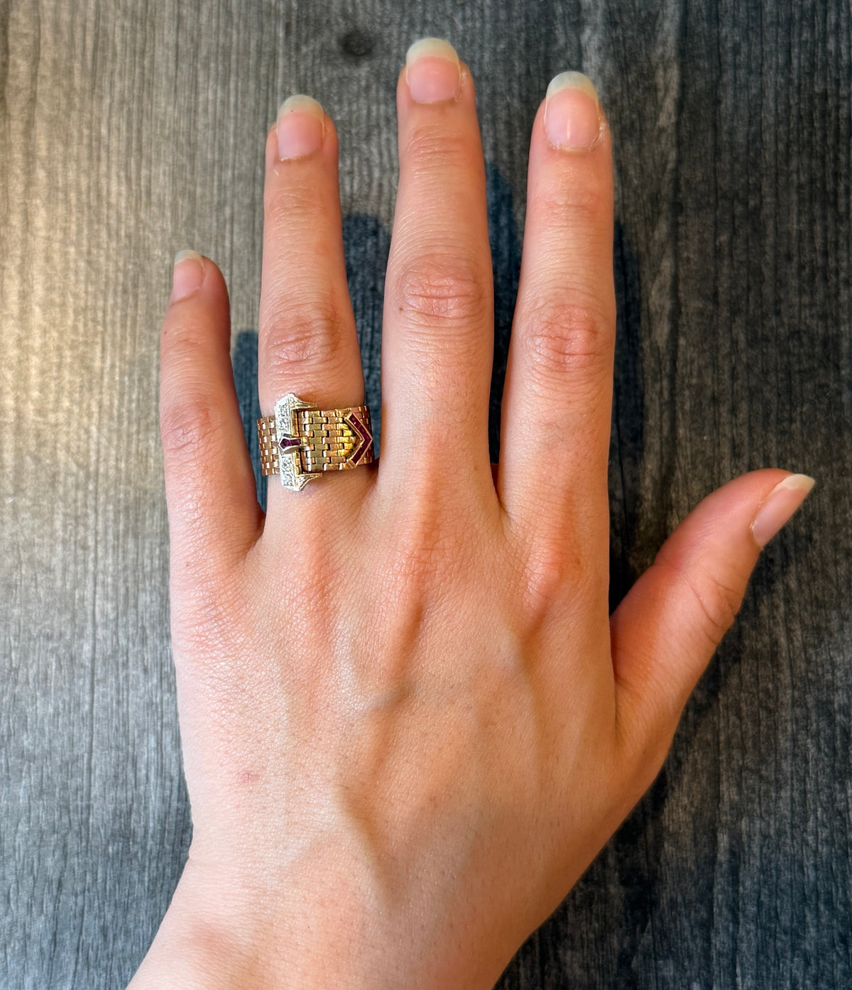 Retro 1940s Ruby and Diamond Buckle Adjustable Ring