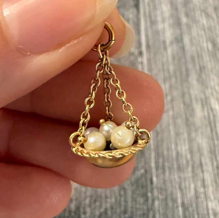 Vintage 14K Gold Basket of Pearl Eggs Charm