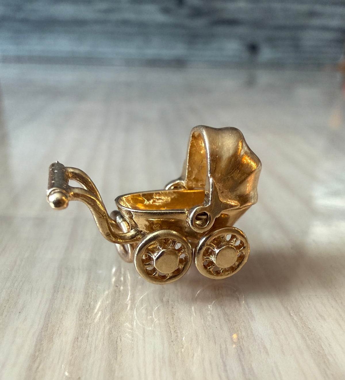 Vintage Articulated Baby Carriage or Pram Charm in 14K Gold