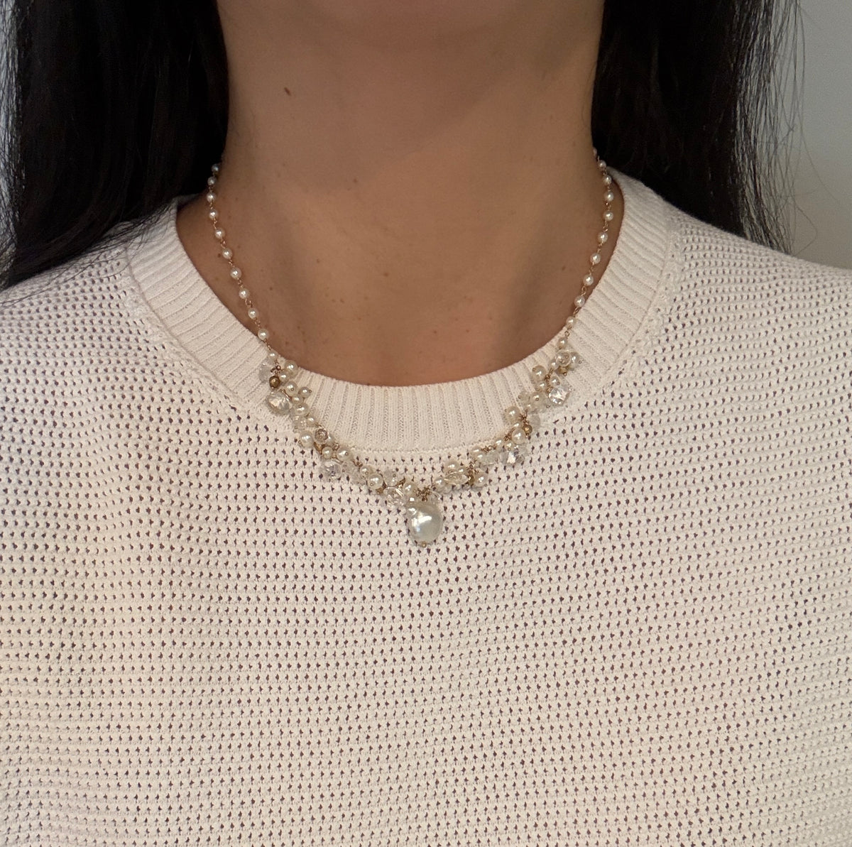 Talisman Cultured Pearl and Quartz Waterfall Necklace in 14K Gold