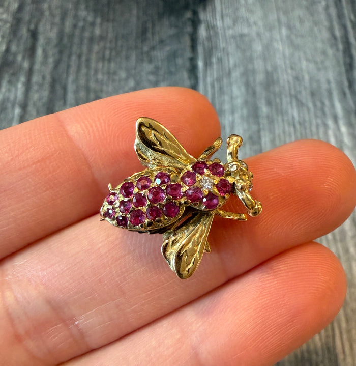 Ruby and Diamond Bee Pin in 14K Gold