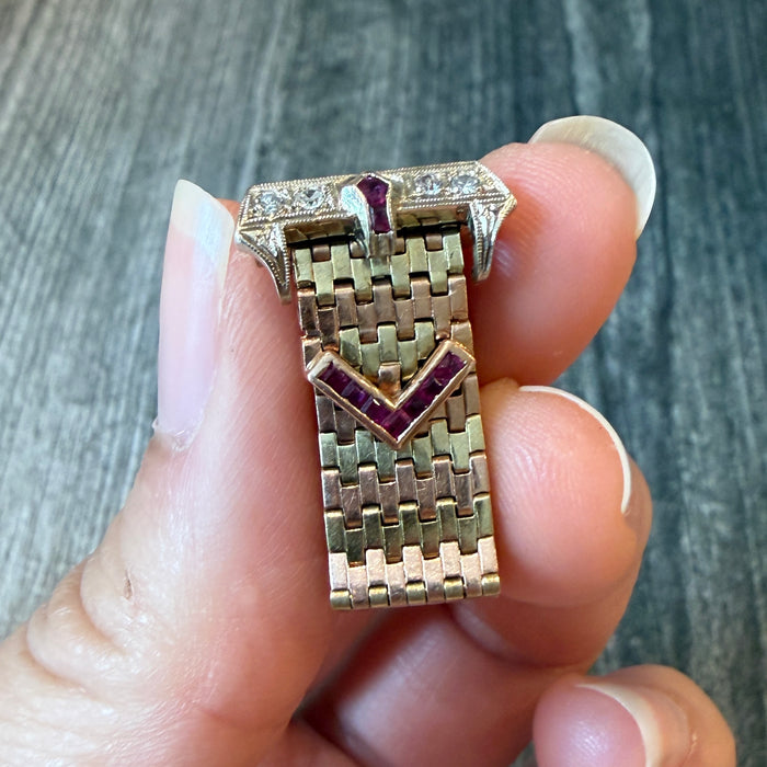 Retro 1940s Ruby and Diamond Buckle Adjustable Ring