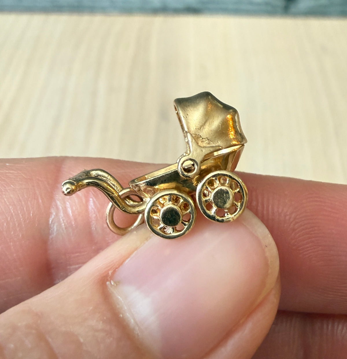 Vintage Articulated Baby Carriage or Pram Charm in 14K Gold