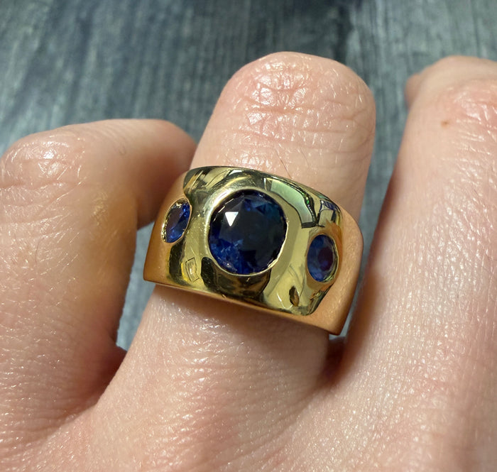Flush Set Triple Sapphire Wide Band in 18K Gold