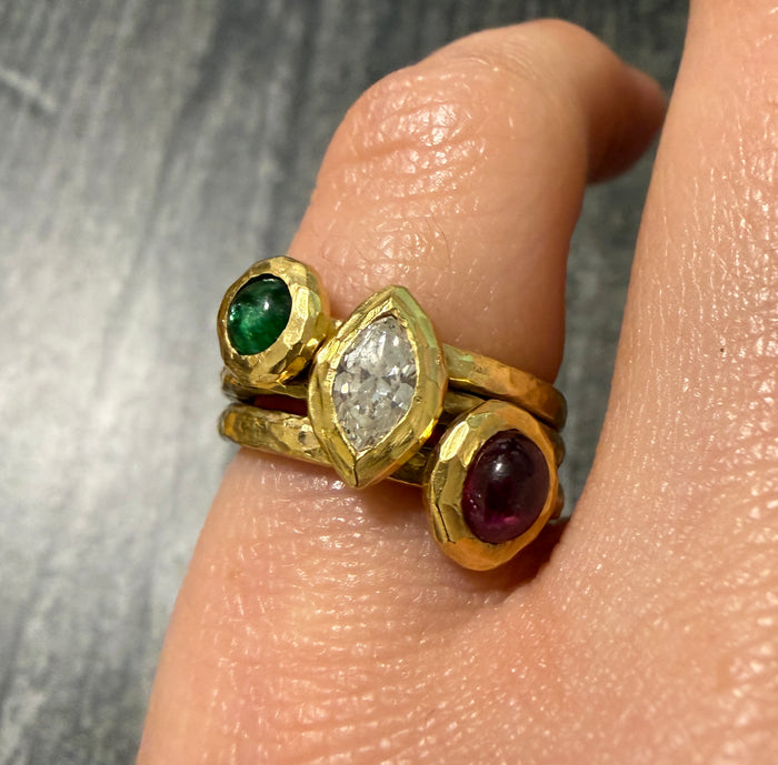 Stacked Diamond, Ruby, and Emerald Hand Hammered 18K Gold Ring