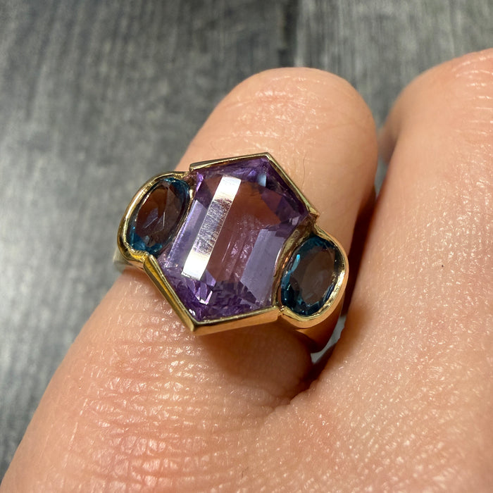 Geometric Amethyst and Blue Topaz Cocktail Ring in 14K Gold
