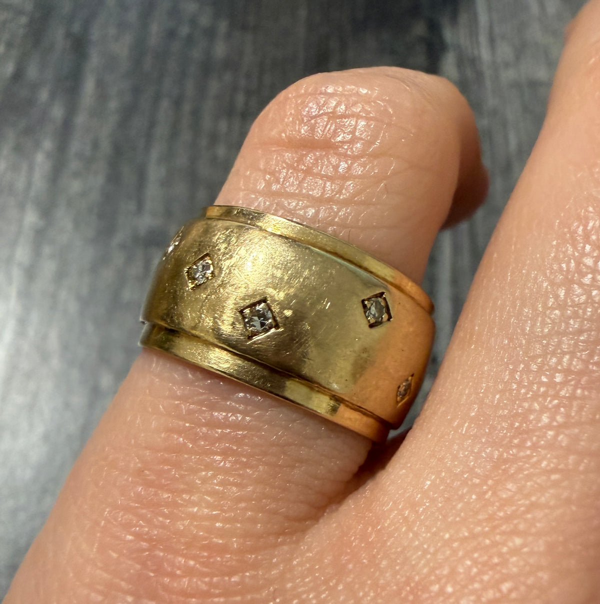 Wide Vintage Diamond and 14K Gold Cigar Band, Size 5