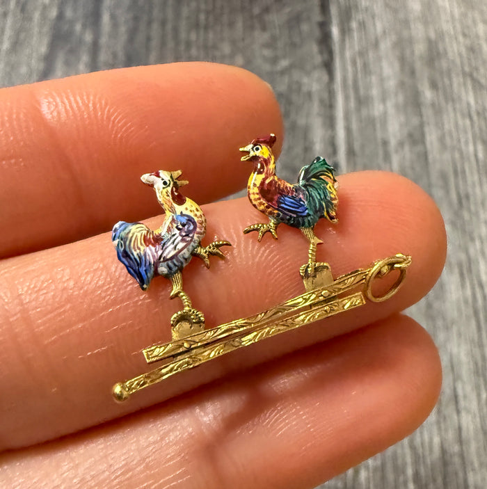 French Antique Enamel and 18K Gold Movable Fighting Rooster Charm