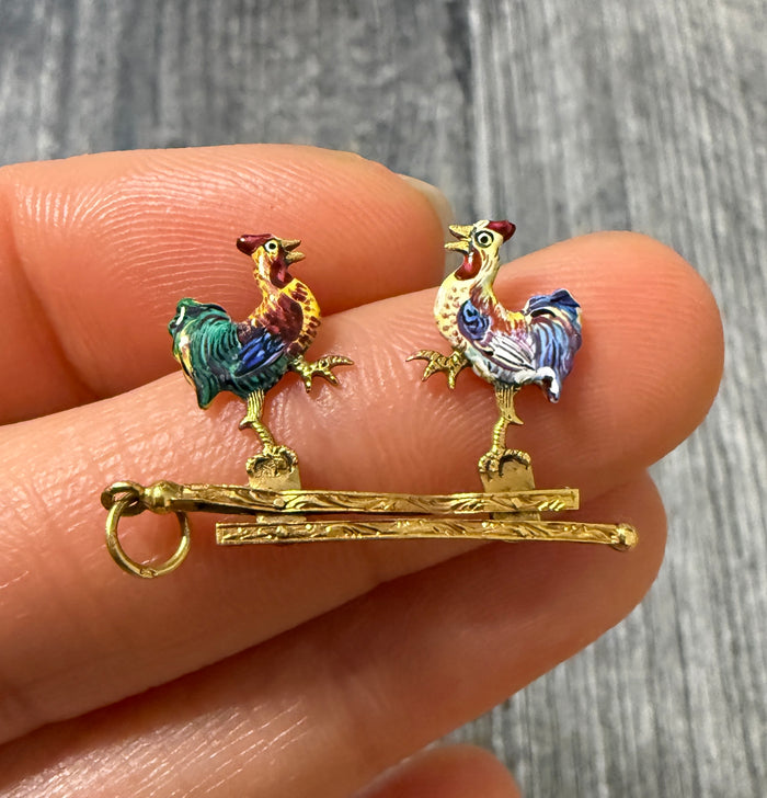 French Antique Enamel and 18K Gold Movable Fighting Rooster Charm