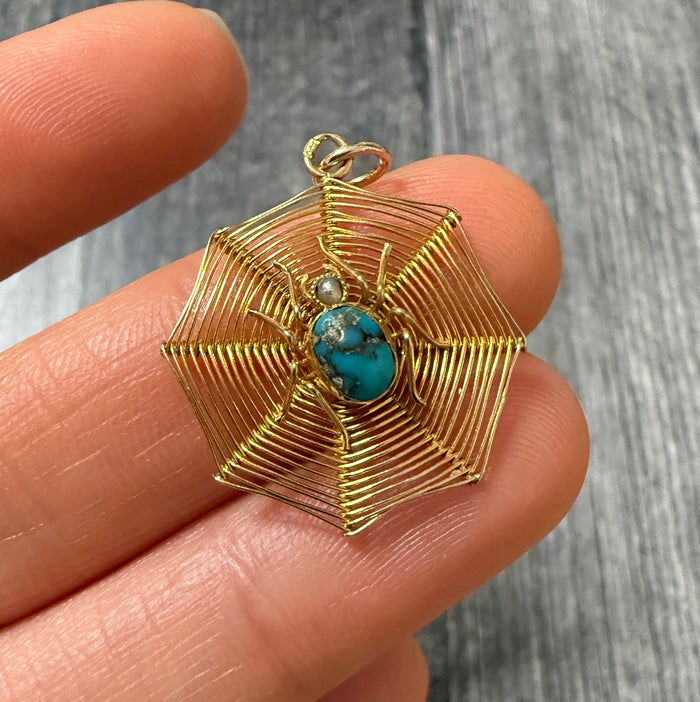 Vintage Turquoise Spider and Web Pendant in 9K Gold