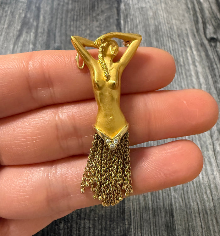 Diamond and 18K Gold Pendant of Naked Woman with Chain Fringe Dress