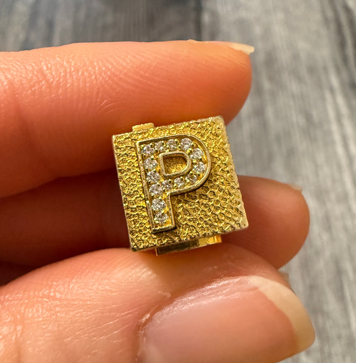 Diamond and 14K Gold Initial "P" Cube or Block Slider Charm