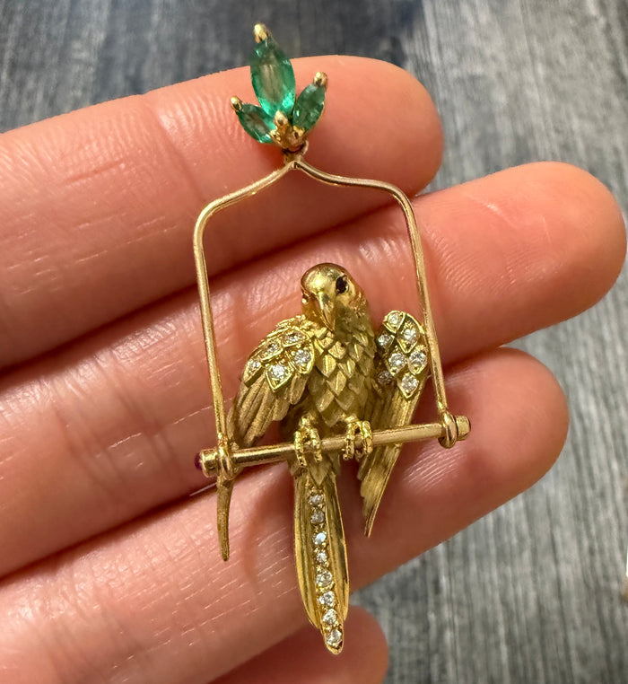 Diamond and Emerald Bird Pendant and Pin