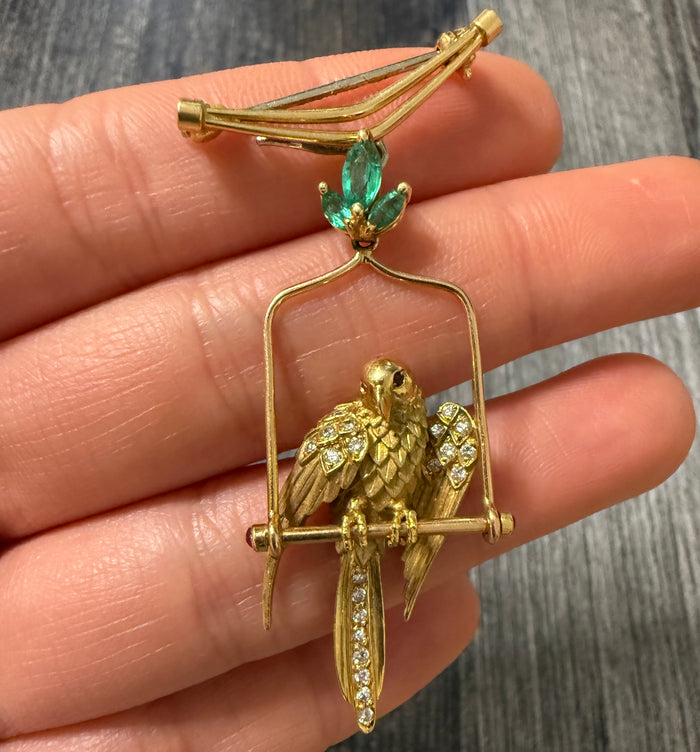 Diamond and Emerald Bird Pendant and Pin