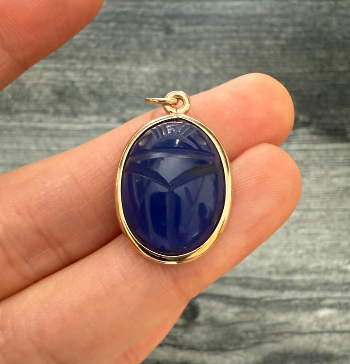 Carved Blue Chalcedony and 14K Gold Scarab Pendant
