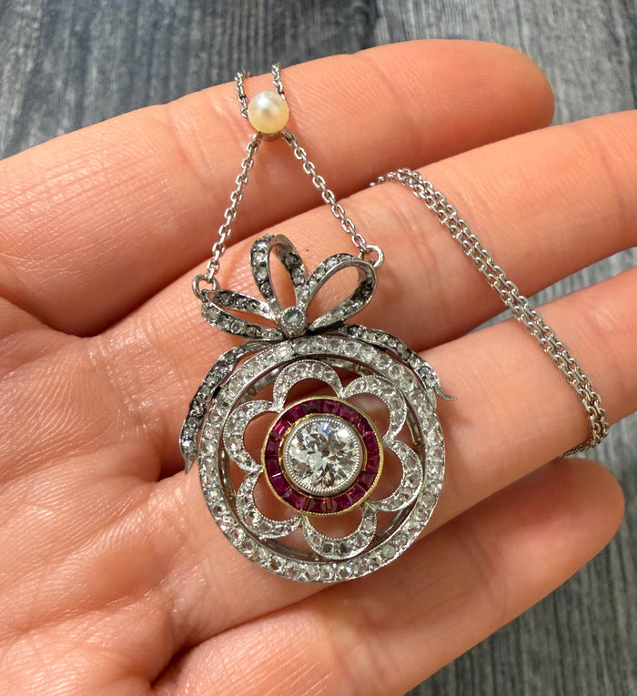 Edwardian Diamond and Ruby Bow Lavalier Necklace