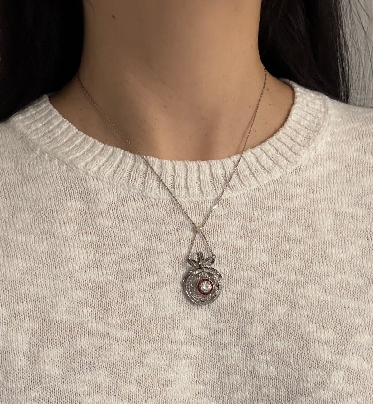 Edwardian Diamond and Ruby Bow Lavalier Necklace