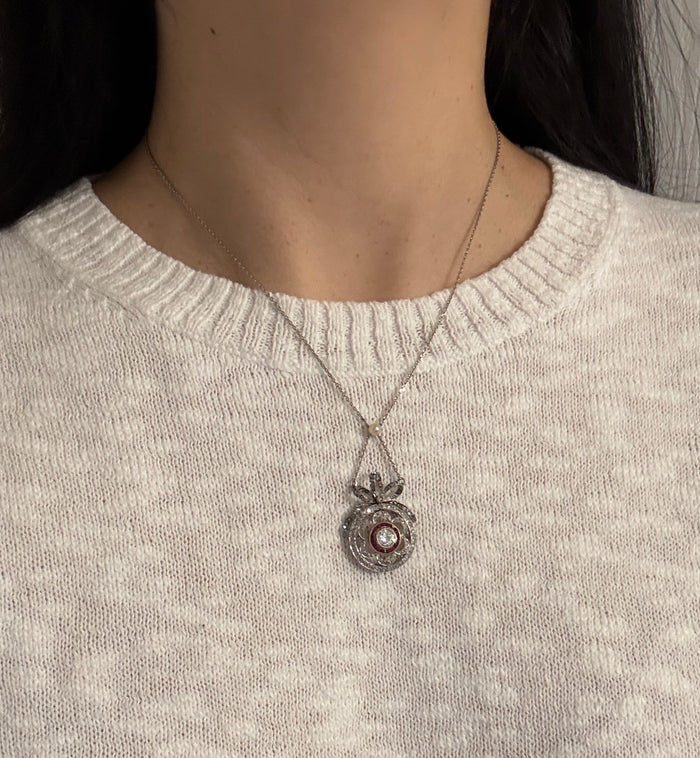 Edwardian Diamond and Ruby Bow Lavalier Necklace
