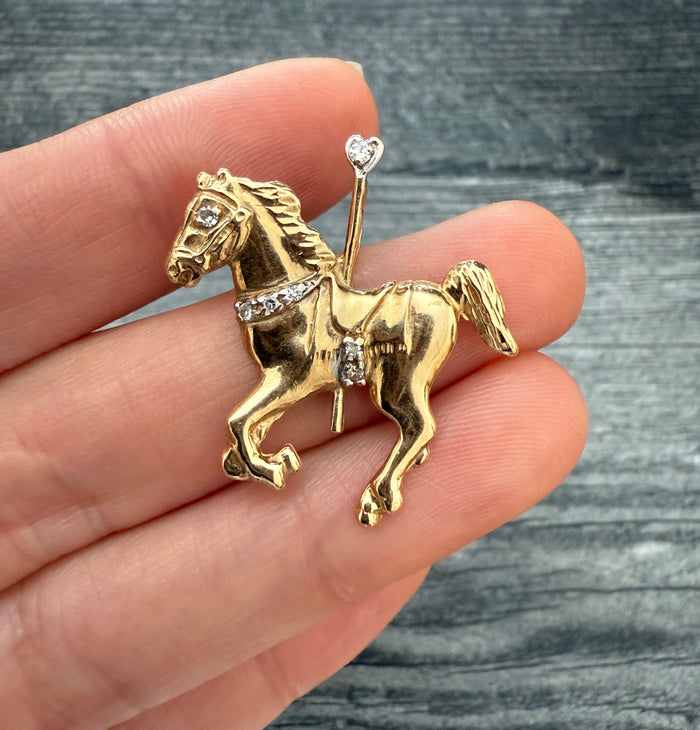 Vintage Diamond and 14k Gold Carousel Horse Pendant