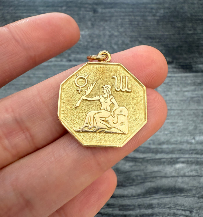 Vintage Octagonal 18K Gold Zodiac Mercury Symbol and Virgo Charm