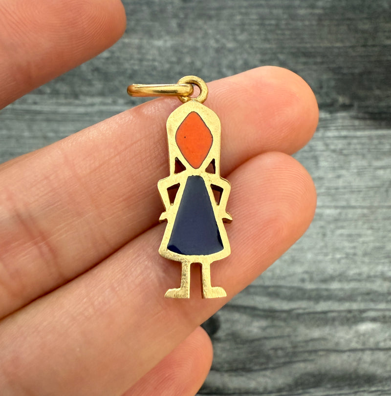 Vintage Enamel and 18K Gold Little Girl Charm