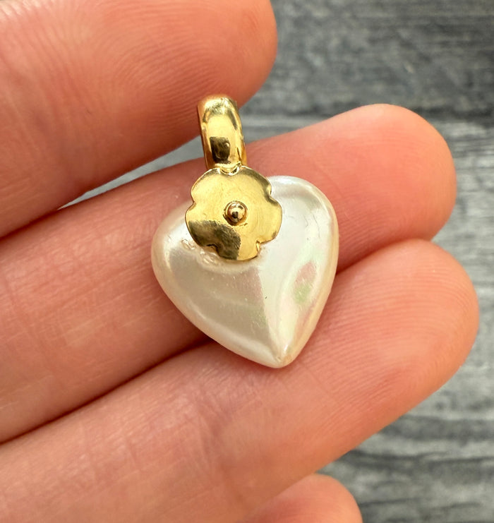 Heart-Shaped Pearl and 18K Gold Flower Charm
