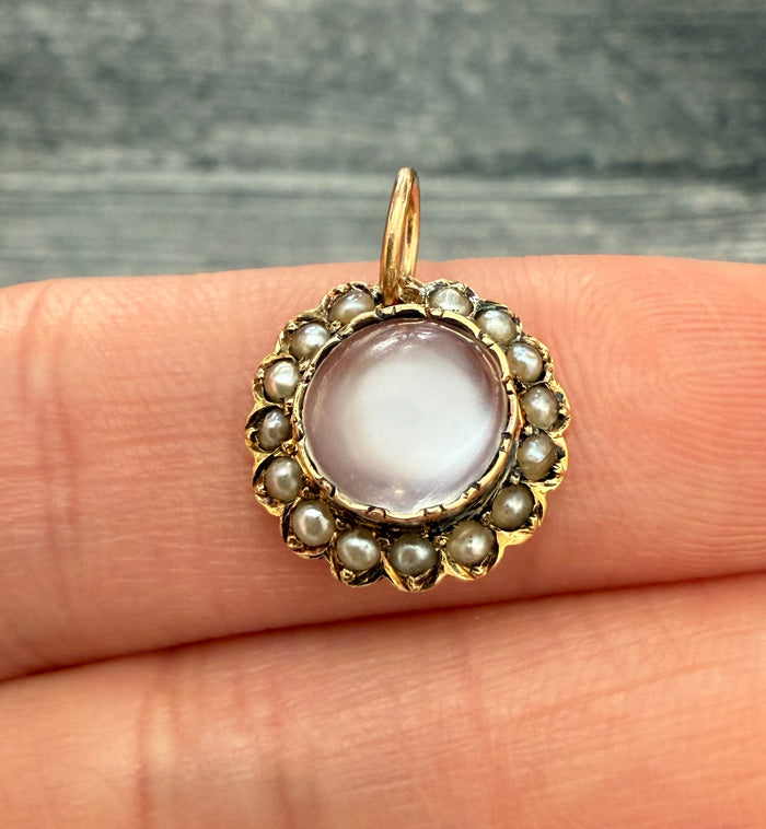 Antique Moonstone and Pearl Charm in 14K Gold (S)