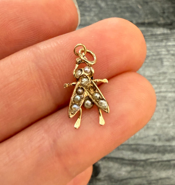 Antique Pearl and 14K Gold Fly Charm
