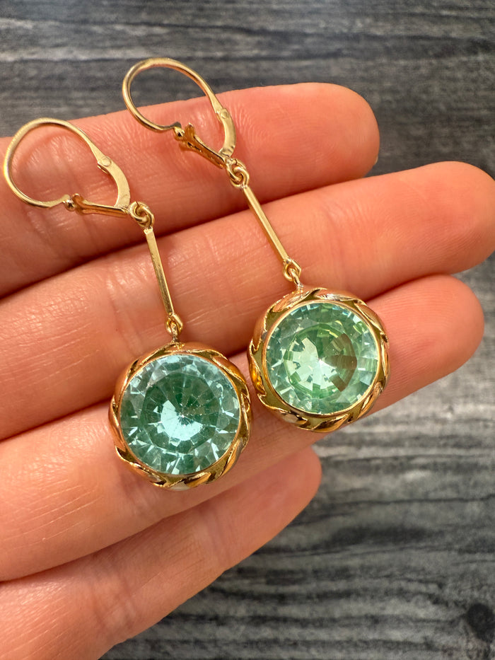 Vintage Vaseline Glass and 18K Gold Dangling Earrings