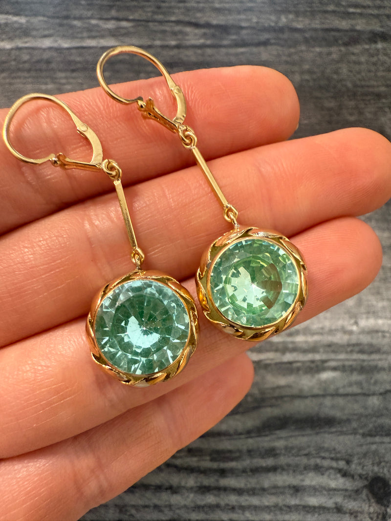 Vintage Vaseline Glass and 18K Gold Dangling Earrings