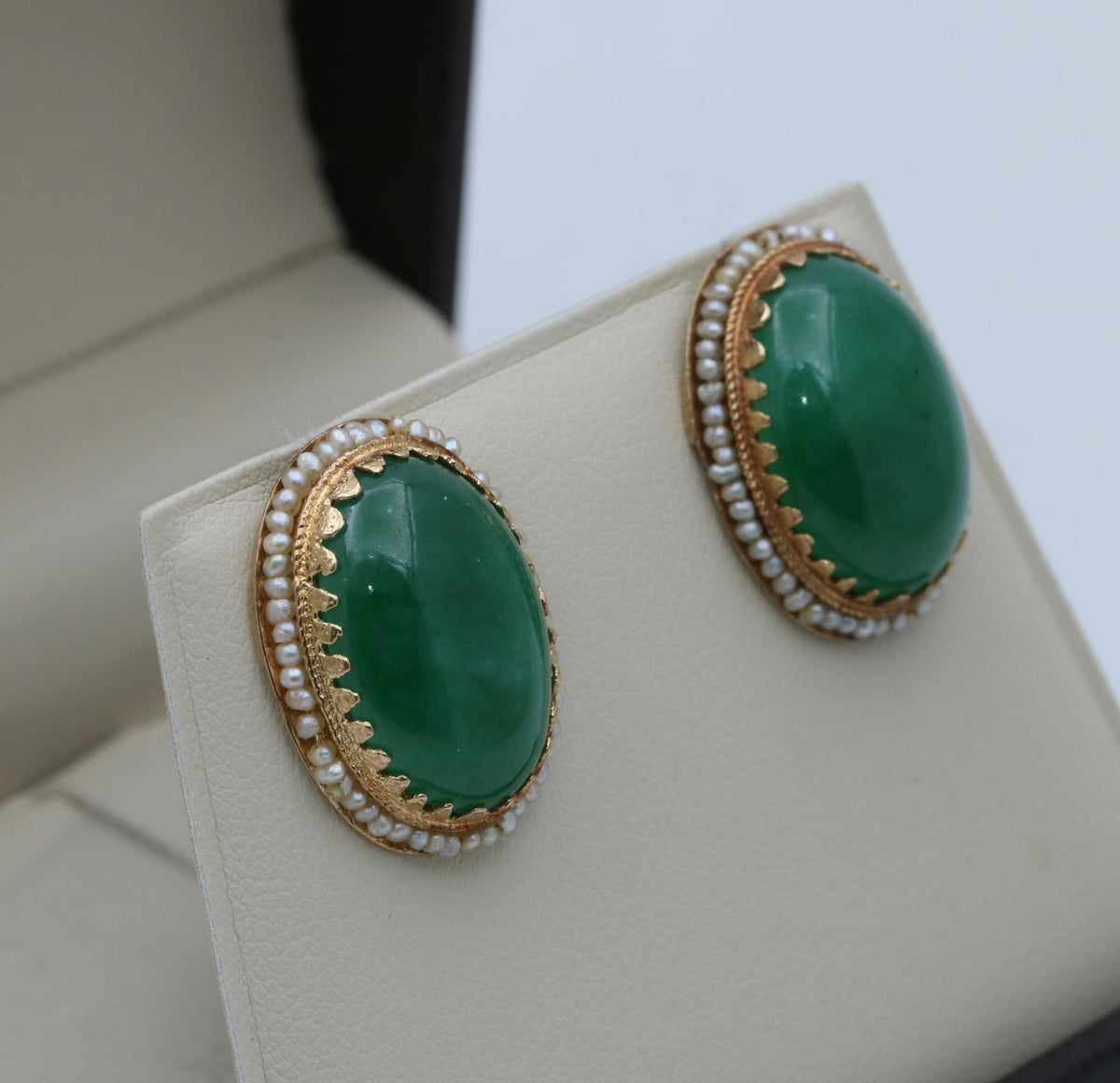 Vintage Jade and Seed Pearl Surround Earrings, 14K Gold