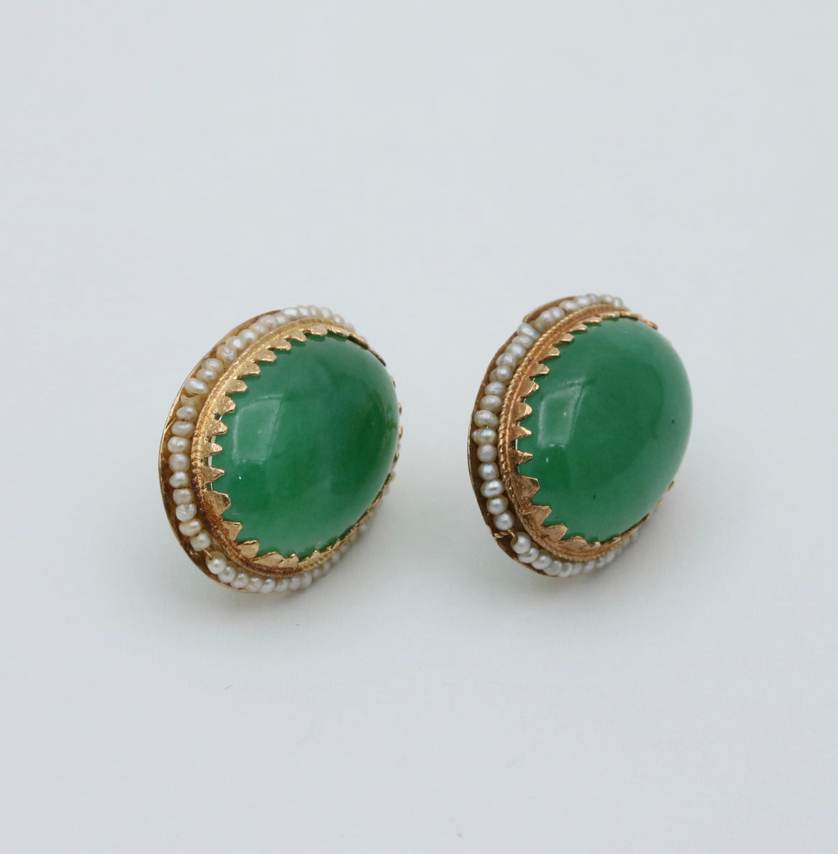 Vintage Jade and Seed Pearl Surround Earrings, 14K Gold