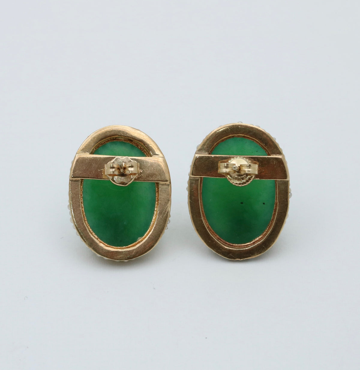 Vintage Jade and Seed Pearl Surround Earrings, 14K Gold