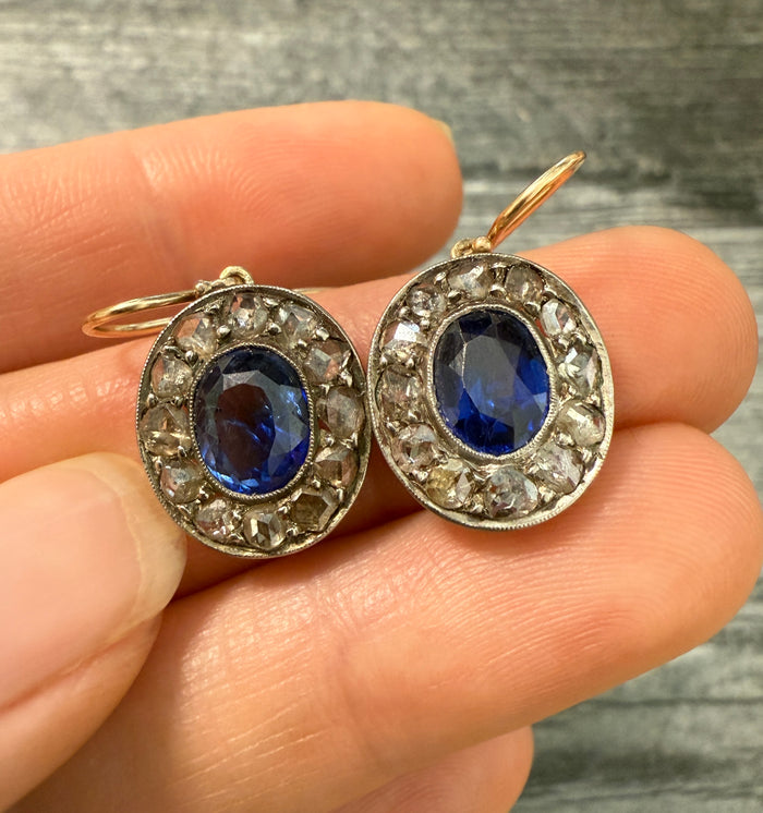 Sapphire and Rose Cut Diamond Dangling Earrings