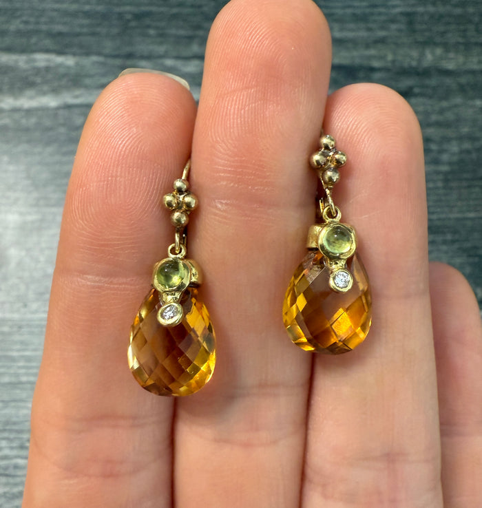 Citrine Briolette, Peridot and Diamond Drop Earrings, 18K Gold
