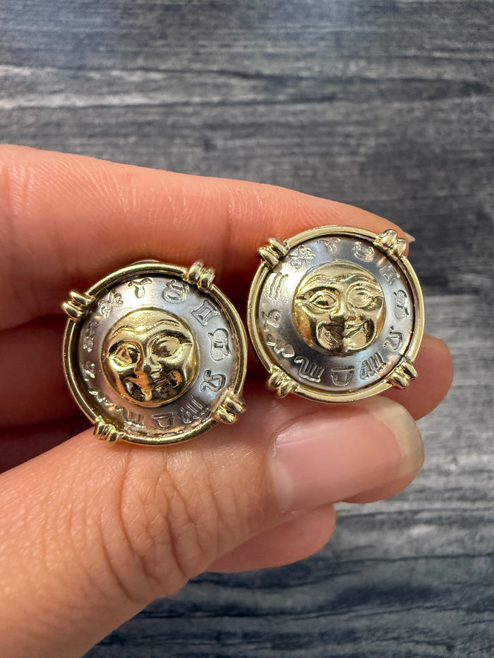 Vintage Moon Face and Zodiac 14K Gold Earrings