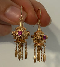 Midcentury Ornate Dangling Ball and Fringe Earrings in 18K Gold