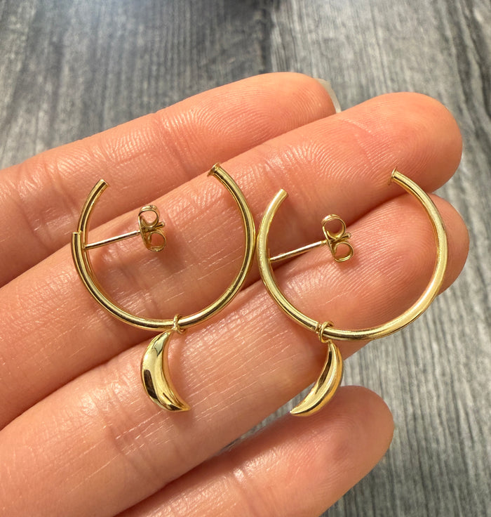 Celestial 14K Gold Hoop Earrings with Dangling Crescent Moon Charm