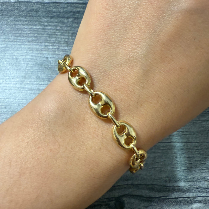 Large Puffy 14K Gold Mariner Link Bracelet, 7" Long